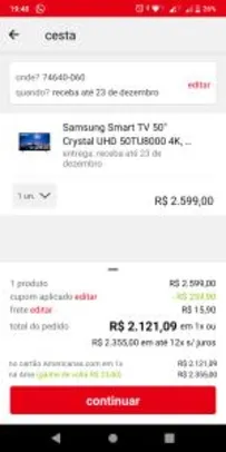 Samsung Smart TV 50" Crystal UHD 4K - R$2121