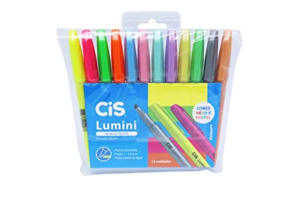Marca Texto Lumini, CIS, 56.9801, Multicor, Estojo com 12 unidades (7 Cores Pastel e 5 Neon)