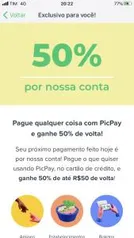 (Usuários selecionados) PICPAY 50% de cashback de até R$ 50,00