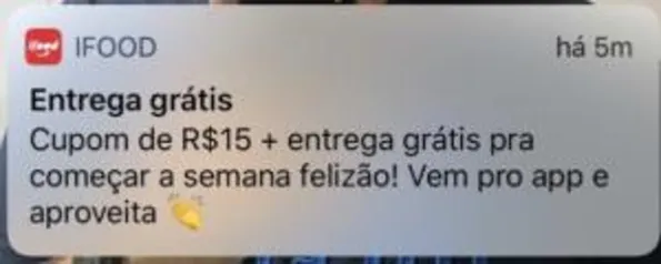 iFood - Desconto R$ 15,00 + Frete Grátis (Selecionados)