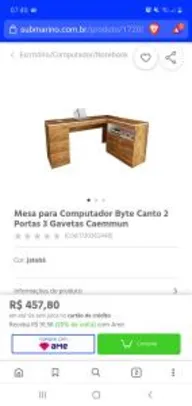[AME R$366] Mesa para Computador Byte Canto 2 Portas 3 Gavetas | R$458