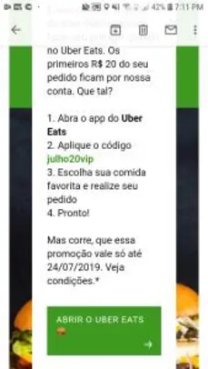 [Usuários Selecionados] R$20 OFF no 1º Pedido na Uber Eats