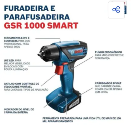 Parafusadeira Furadeira a Bateria 12V GSR 1000 Smart Bosch Bivolt