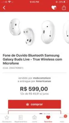 Ame + CC | Fone de Ouvido Bluetooth Samsung Galaxy Buds Live | R$539