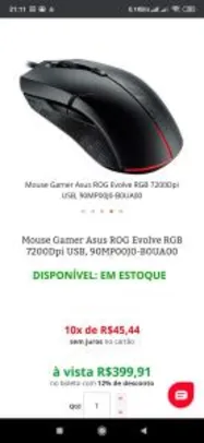 Mouse Gamer Asus Rog Strix Evolve p302 8 Botões Programáveis 7200 DPI RGB Preto