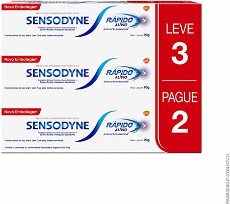 Sensodyne Rápido Alívio Creme Dental para Dentes Sensíveis Kit Leve 3 Pague 2, 90g cada, Branco