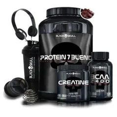 Kit Whey Protein 7 + BCAA 2400 + Creatina Caveira Preta + Coqueteleira + Fone - Black Skull por R$149