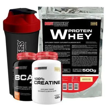 Kit Whey Protein 500g Bau + BCAA 4,5 100g + Creatine 100g + Coqueteleira Bodybuilders | R$34