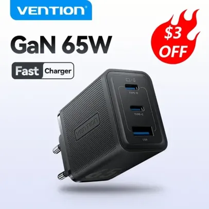 [R$47,62 | Moedas/TaxaInclusa ] Vention Carregador Rápido  65W, para Laptop, GaN Carregador, Carga Rápida 4.0, 3.0 USB, Carga PD 