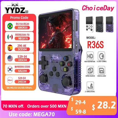 (Moedas R$ 138,34 /App/Taxa Inclusa) Console Retrô Portátil R36S 64GB, Tela IPS 3,5 Polegadas, Mais de 20 Emuladores