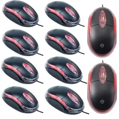 (R$ 1,15 cada) Kit 10 Mini Mouse Office Preto USB com Led para Computador PC e Notebook - Exbom