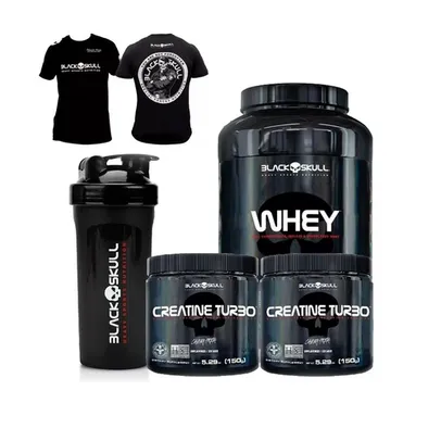 Kit Whey 900g + 2x Creatina +Coqueteleira 600ml+ Camiseta - Black Skull