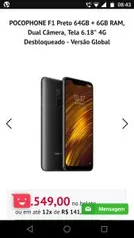 POCOPHONE F1 Preto 64GB + 6GB RAM, Dual Câmera- Versão Global - R$1.549