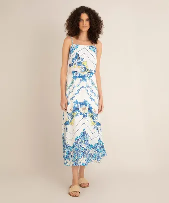 Vestido midi de viscose estampado floral alça fina off white - Tam. PP