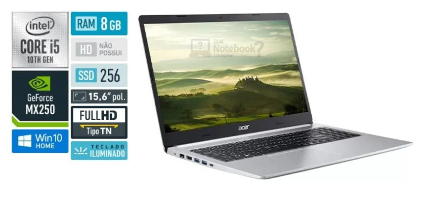 (APP)Notebook Acer Aspire 5, Core i5-10210u, 8GB, FullHD, mx250, SSD 256, Windows 10 | R$3520