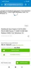 Notebook Acer Aspire 3 A315-42G-R2LK AMD Ryzen 7 12GB 512GB SSD Radeon 540X | R$ 4160