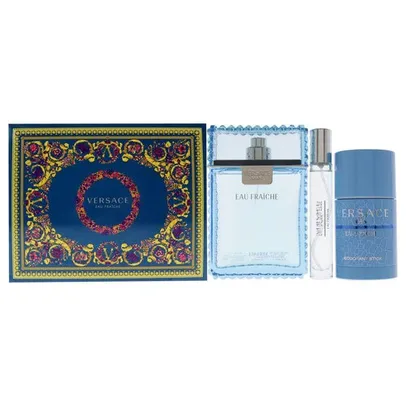 Versace Eau Fraiche por Versace para Homens - 3 Pc Gift Set 3.4oz EDT Spray, 2.5oz Desodorante Stick