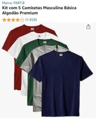 [Prime] Kit com 5 Camisetas Masculina Básica Algodão Premium | R$97