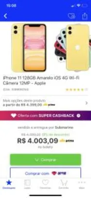 iPhone 11 128GB Amarelo iOS 4G Wi-Fi Câmera 12MP - Apple | R$ 4003