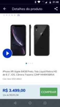 iPhone XR Apple 64GB Preto, Tela Liquid Retina HD de 6.1”, iOS, Câmera Traseira 12MP - R$3499