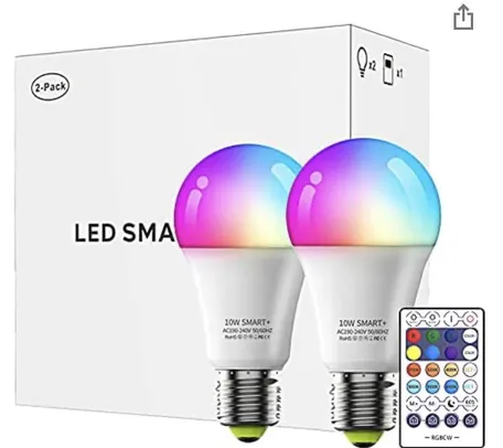 2-Pack de Lâmpada Inteligente + 1 Remoto, Alexa, Google Home, Lâmpada LED Corlorful 10W Dimmable, Music Sync RGB, 190V-240V R$95