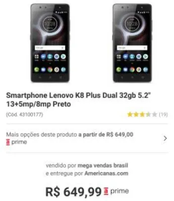 Smartphone Lenovo K8 Plus Dual 32gb 5.2" 13+5mp/8mp Preto - $598