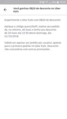 [1ª Compra] R$20 OFF em Compras Acima de R$40 na Uber Eats