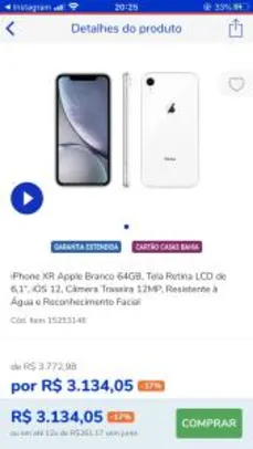iPhone XR Apple Branco 64GB - Branco | R$ 3.134