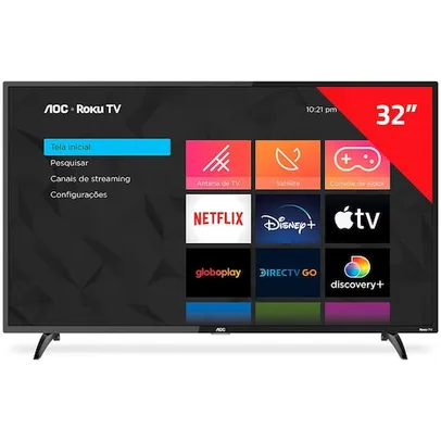 Smart TV LED 32 HD AOC Roku 32S5195/78 com Wi-fi, Controle Remoto com atalhos, Roku Mobile, Miracast, Entradas HDMI e USB