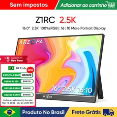[No brasil / Moedas] Monitor Portátil ARZOPA 16'' 2K 16:10 