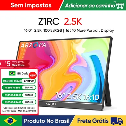 [No brasil / Moedas] Monitor Portátil ARZOPA 16'' 2K 16:10 