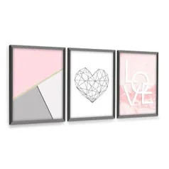 Kit 3 Quadros Decorativos Com Moldura Preta Para Sala Quarto Love Coração Abstrato | R$46