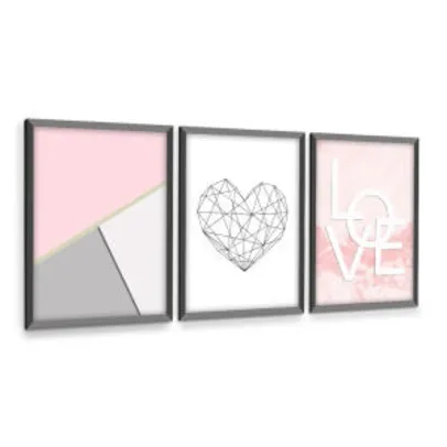 Kit 3 Quadros Decorativos Com Moldura Preta Para Sala Quarto Love Coração Abstrato | R$46