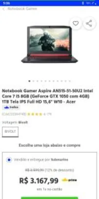 Notebook Gamer Aspire AN515-51-50U2 Intel Core 7 I5 8GB (GeForce GTX 1050 com 4GB) 1TB R$3.168