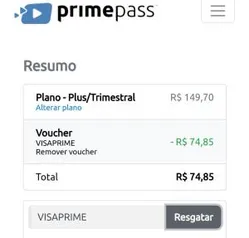 50% OFF na assinatura dos planos mensais do PrimePass pagando com Visa