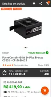 Fonte Corsair 650W 80 Plus Bronze CX650 - CP-9020122 R$ 420