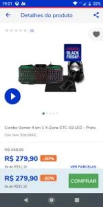 Combo Gamer 4 em 1 X-Zone GTC-02 LED - Preto R$280