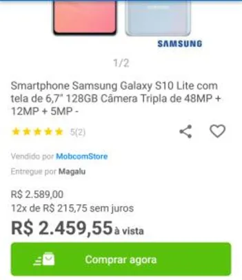Smartphone Samsung Galaxy S10 Lite com tela de 6,7" 128GB R$ 2460