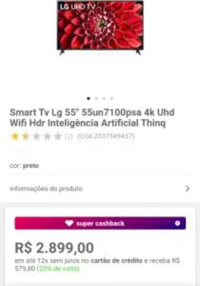 [AME R$2.319] Smart Tv Lg 55" 55un7100psa 4k - R$2839