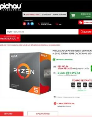 PROCESSADOR AMD RYZEN 5 3600 HEXA-CORE 3.6GHZ (4.2GHZ TURBO) 35MB R$ 1199