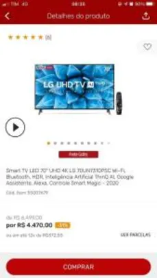 Smart LG TV LED 70" UHD 4K LG | R$ 4470