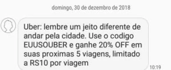 20% Off em 5 corridas UBER (Limitado a R$10) - Usuários selecionados