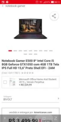 Notebook Gamer E500 8ª Intel Core i5 8GB Geforce GTX1050 com 4GB 1TB Tela IPS Full HD 15,6'' Preto Shell EFI - 2AM R$3500