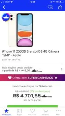 [AME - R$4.500] iPhone 11 256GB Branco iOS 4G Câmera 12MP - Apple | R$4.702