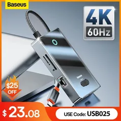 Hub 8 em 1 Baseus Usb C hdmi 4k 60hz, 3 usb 3.0, leitor sd, porta Ethernet gigabite, PD 100W 