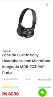 Fone de Ouvido Sony Headphone com Microfone integrado - R$88