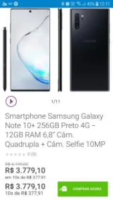Galaxy Note 10+ 256GB Preto 4G - 12GB RAM 6,8” Câm. Quadrupla + Câm. Selfie 10MP