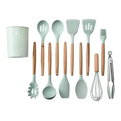 Kit com 11 peças utensílios de cozinha em silicone e cabo de madeira resistente à altas temperaturas