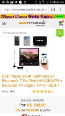 DVD Player Shutt Califórnia BT Bluetooth 7 Pol Retrátil USB MP3 + Receptor TV Digital TV-10 ISDB-T - R$ 539