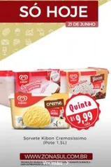 (SUPERMERCADOS ZONA SUL) Sorvete Kibon Cremosíssimo Creme Pote 1,5l - R$9,99